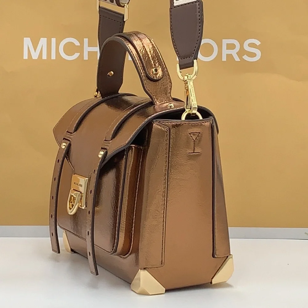 MICHAEL KORS Manhattan Medium Top Hand School Patent Satchel MOCHA COLOR